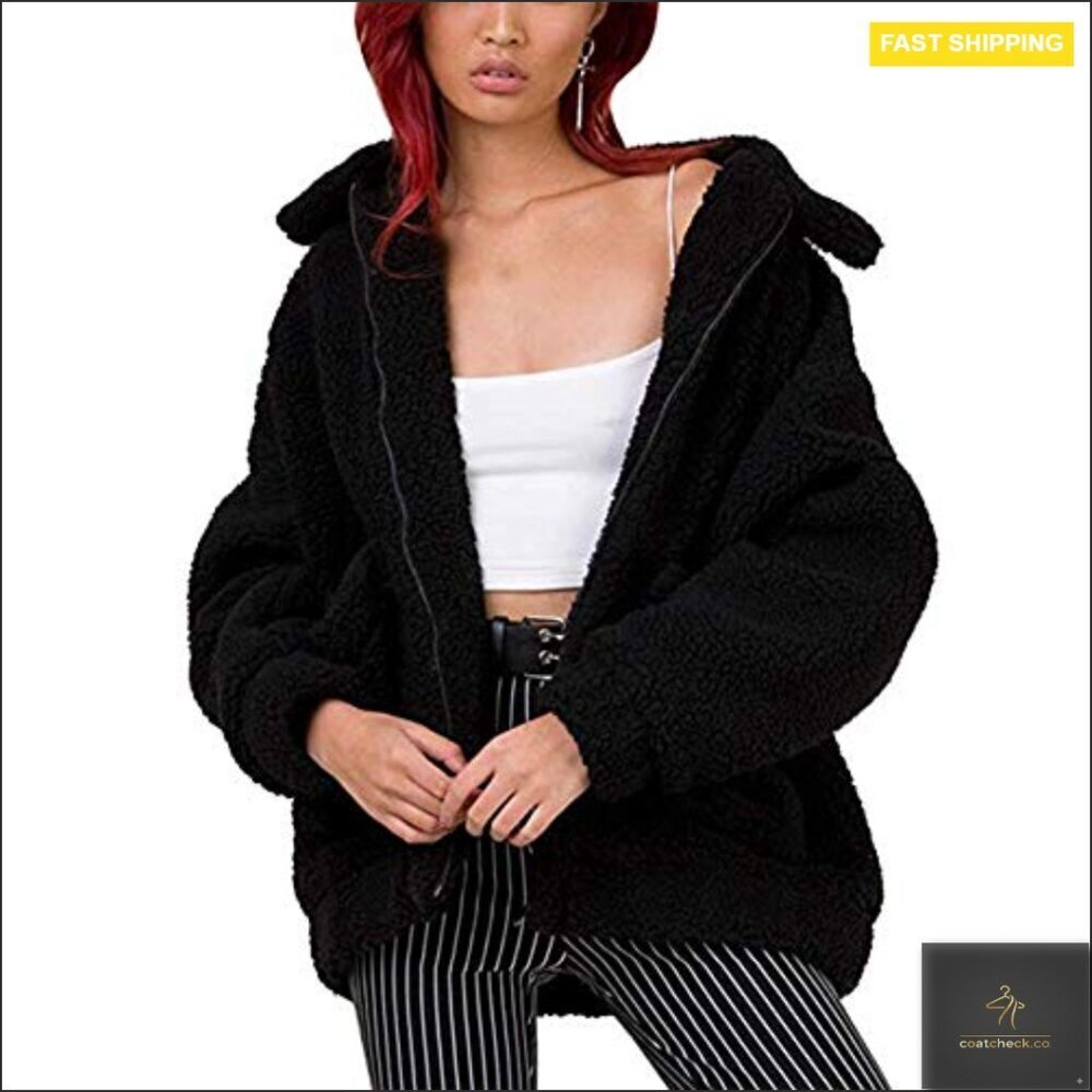 Oversized Faux Fur Fleece Coat Winter Warm Fuzzy Lapel Zipper Jacket Chic - Picture 3 of 7